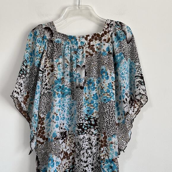Sere Nade Top M Blue Brown Animal Chiffon Drawstring Split Sleeve Popover Boho - Picture 7 of 9